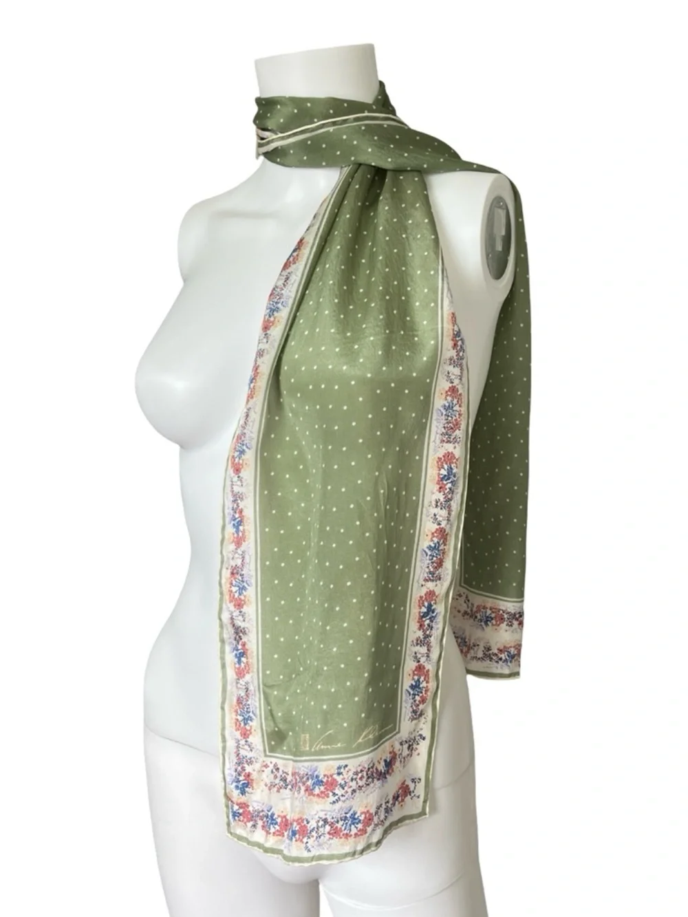 Vintage Anne Klein Long silk Scarf Floral Polka Dot Sheer Cottagecore